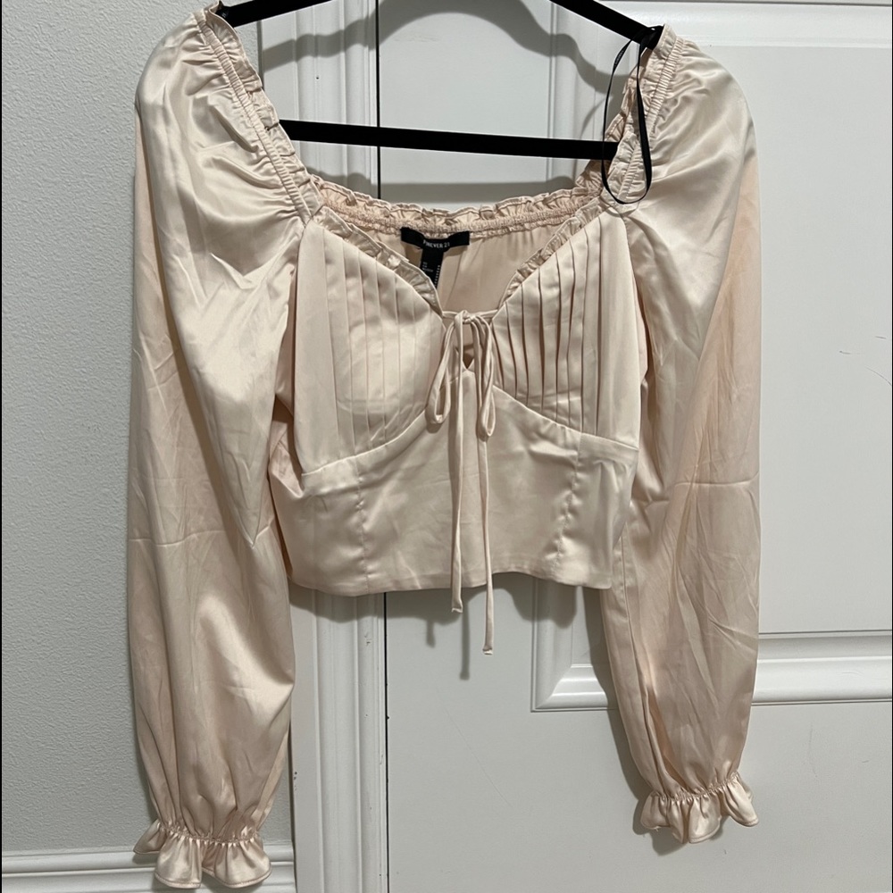 Forever 21 Medium Satin Ruffled Crop Top in Champagne